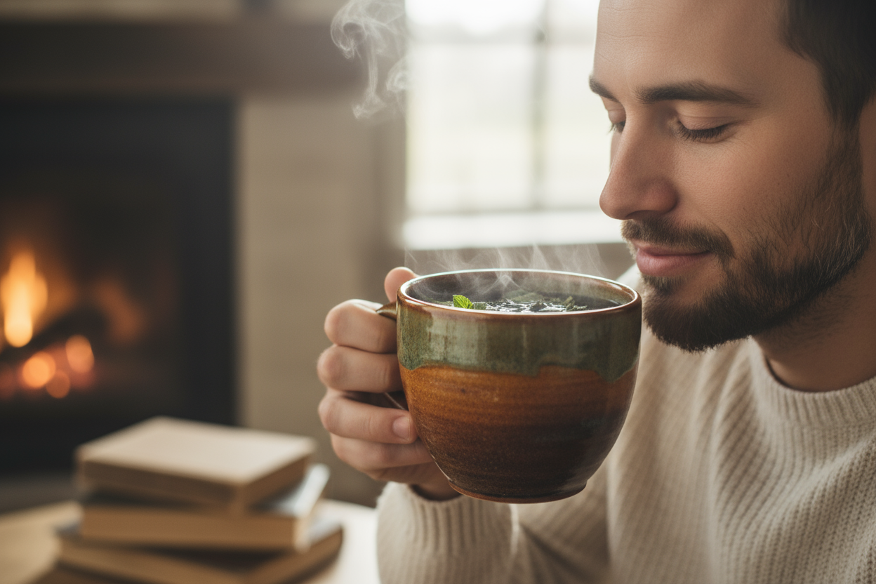 man drinking loose leaf tea from a mug